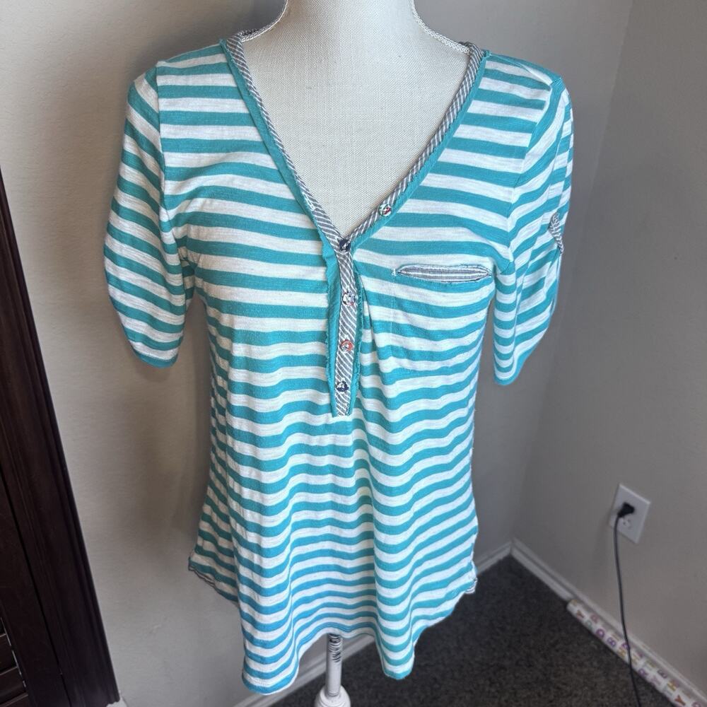 Anthropologie Feather Bone sz M knit top T Shirt Turquoise Striped casual Beach